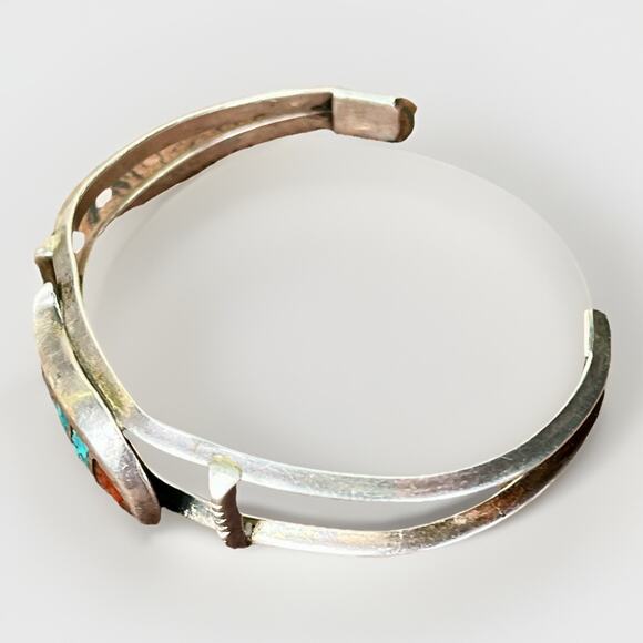 VTG Sterling Silver Turquoise Coral Chip Inlay Cuff Bracelet Navajo Style 19.9g - Picture 6 of 16